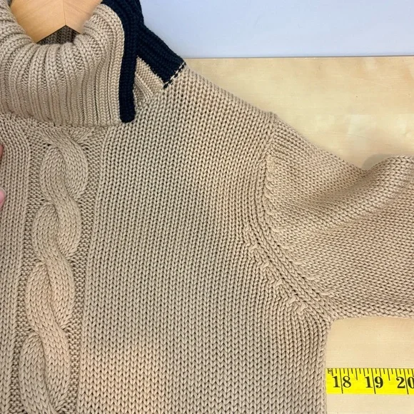 Cleo Cable Knit Split Turtleneck Sweater Camel Navy Trim Cozy Knit - Picture 9 of 11